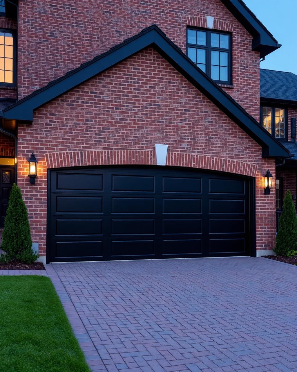 Black panel garage door on brick home
