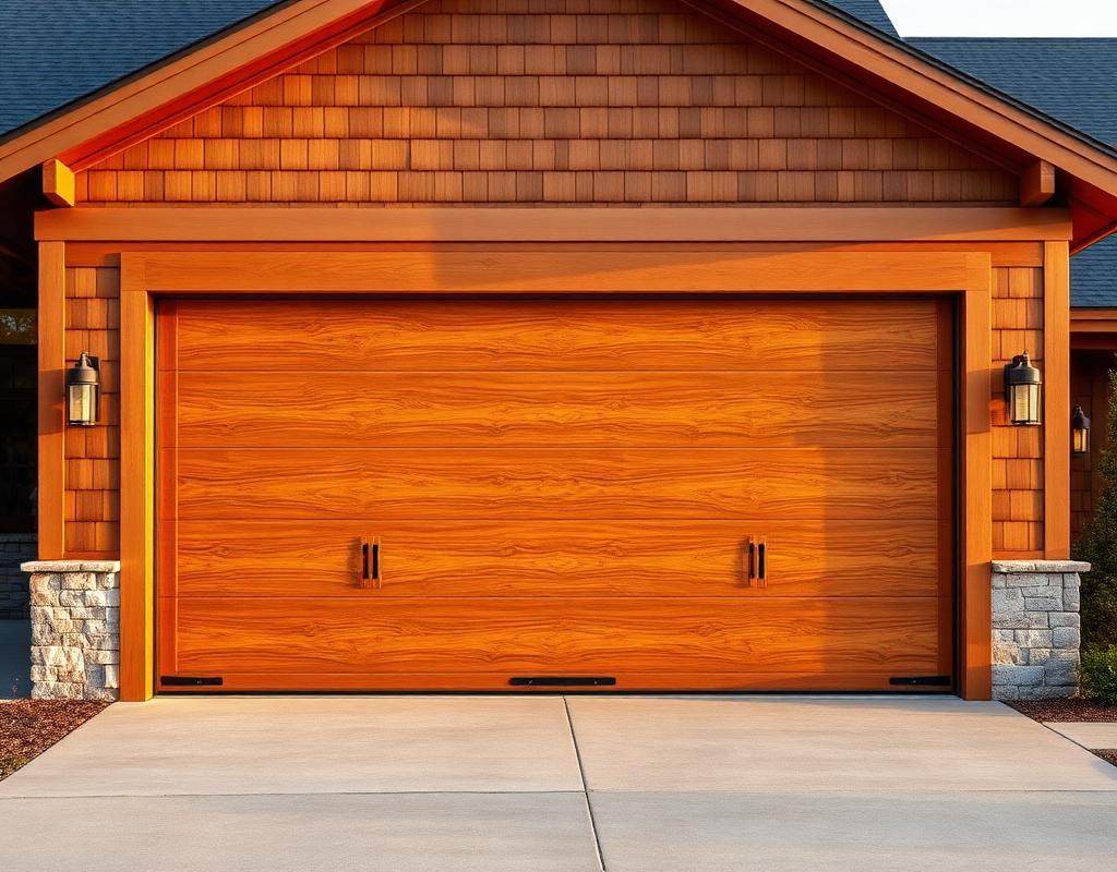 Warm wood garage door on modern farmhouse
